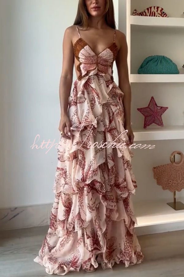 Butterfly Print Backless Ruffle Maxi Dress – Tie-Up Back