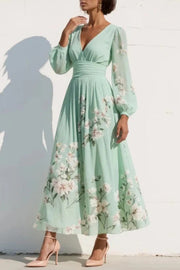Floral Print V-Neck Maxi Dress – Fitted Waist, Long Sleeve