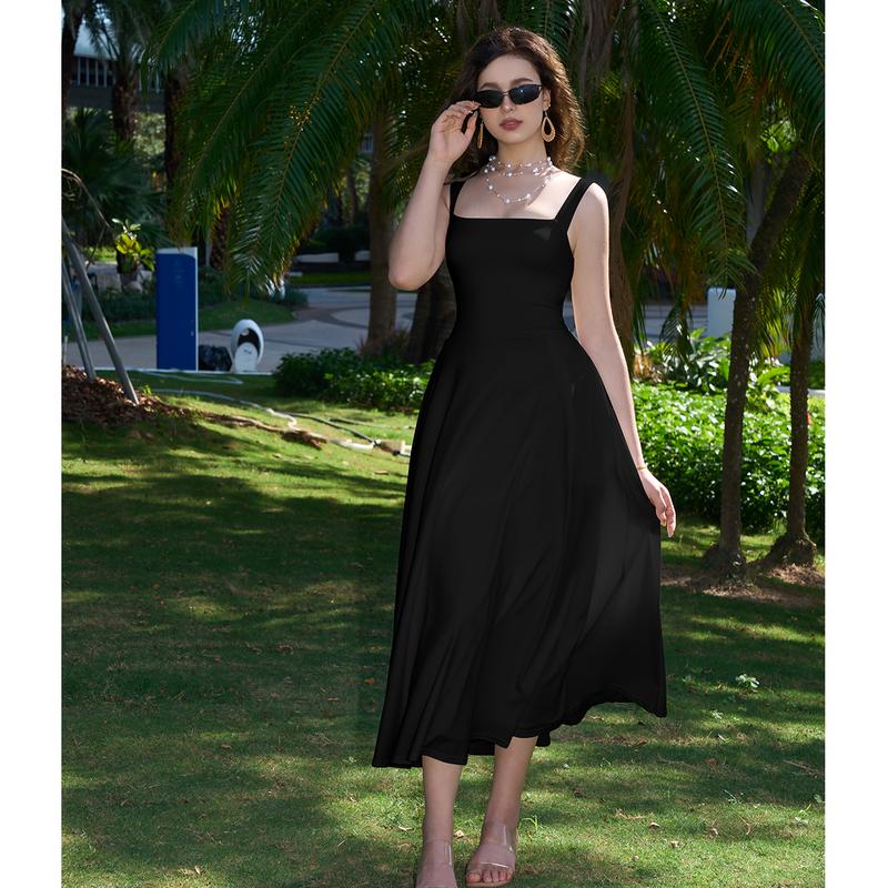 OYS Women's Casual Sleeveless Square Neck A-Line Solid Slim Flowy Long Dress with Pockets & Back Tie Detail Design
