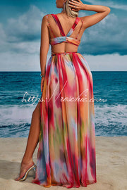 Tie-Dye Print Strapless Maxi Dress with Chain Detail & Slit