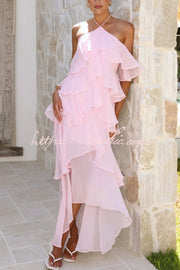 Chiffon Halter Neck Ruffle Maxi Dress – Loose Fit