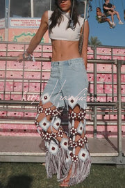 Embroidered Floral Crochet Denim Jeans with Tassel Hem