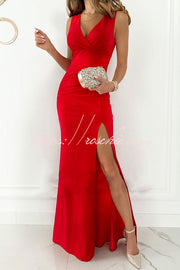 V-Neck Ruched Slit Maxi Dress for Parties