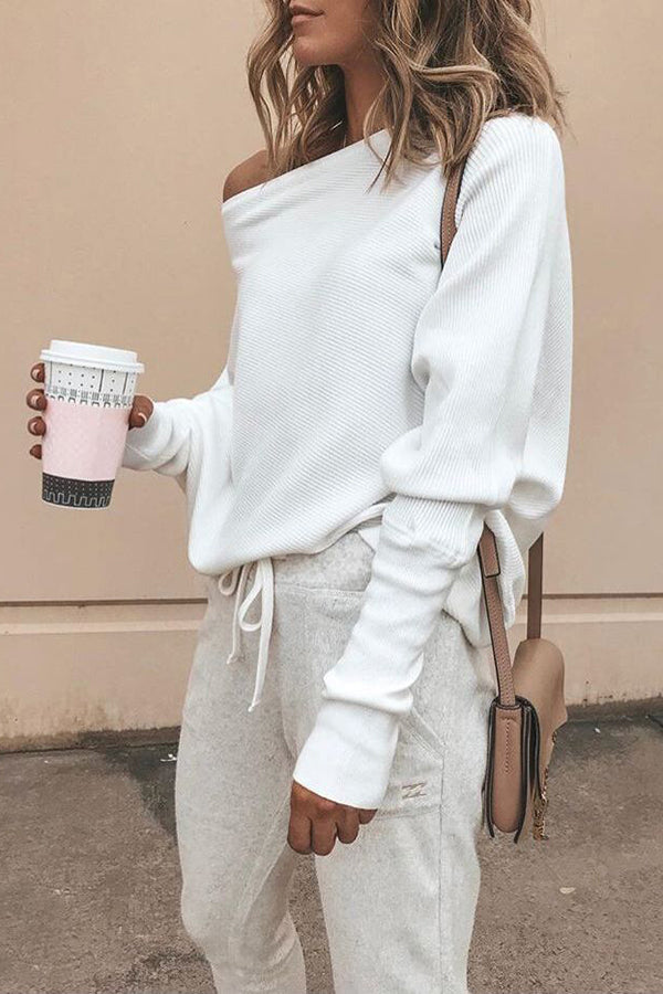 Ribbed Off Shoulder Long Sleeve Top – Loose Casual Fit