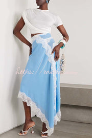 Ribbed Knit Cutout Waist Asymmetric Lace Hem Maxi Dress