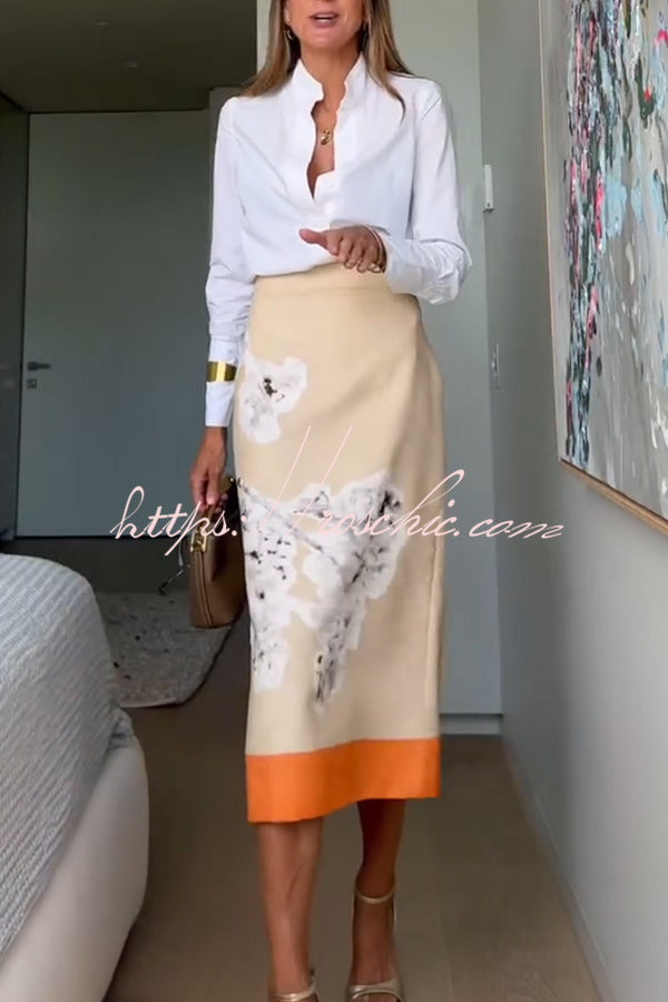 Linen Blend Flower Print High Rise Pencil Midi Skirt
