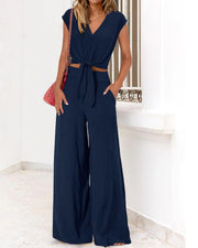 2 Piece Wide Leg Pants Set with V-Neck Belted Crop Top