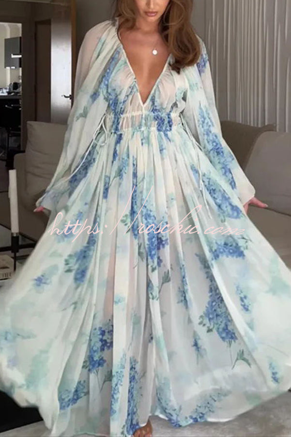 Chiffon Floral Maxi Dress with Drawstring Waist & Lantern Sleeves