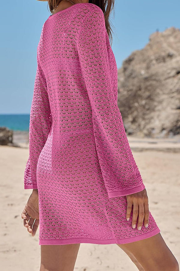 Knit Hollow V-Neck Long Sleeve Mini Cover Up Dress