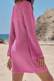 Knit Hollow V-Neck Long Sleeve Mini Cover Up Dress