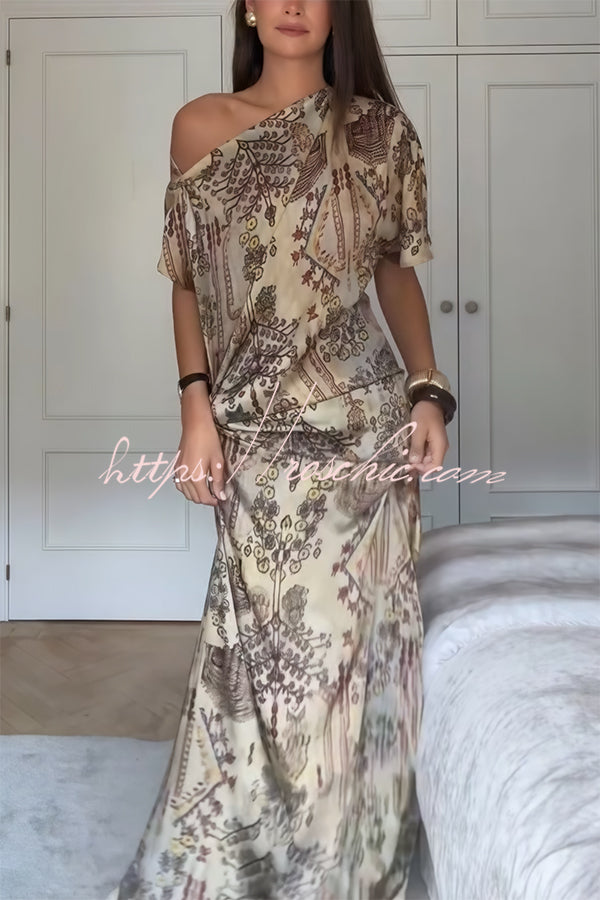 Satin One Shoulder Ruched Maxi Dress with Asymmetrical Hem
