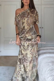 Satin One Shoulder Ruched Maxi Dress with Asymmetrical Hem