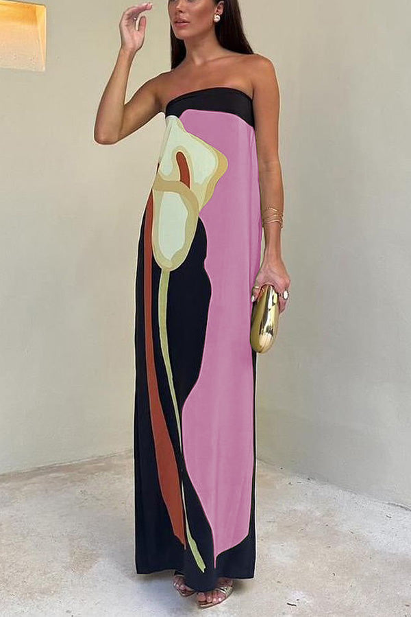 Abstract Floral Off Shoulder Maxi Dress – Vacation Loose Fit