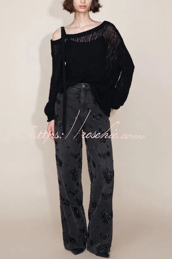 Beaded Sequin Floral Wide Leg Jeans Mid Rise with Pockets