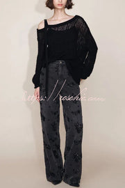 Beaded Sequin Floral Wide Leg Jeans Mid Rise with Pockets