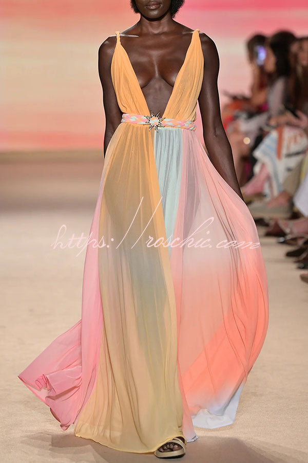 Chiffon Ombré Print Belted Vacation Maxi Dress