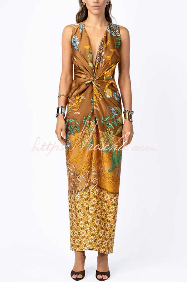 Satin Floral Print Twist Waist Maxi Dress with Front Slit