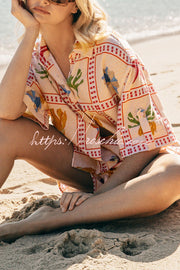 Linen Blend Shell Print Loose Short-Sleeve Shirt & Shorts Set