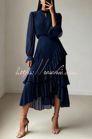 Ruffle Midi Dress Long Sleeve Round Neck Fitted Waist