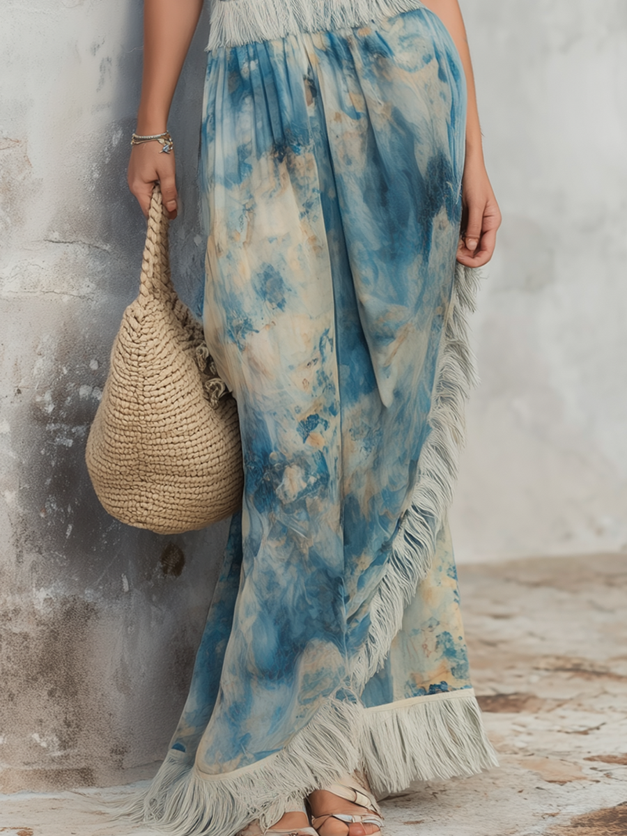 Boho Chiffon Fringe Trim Maxi Dress with Artistic Print