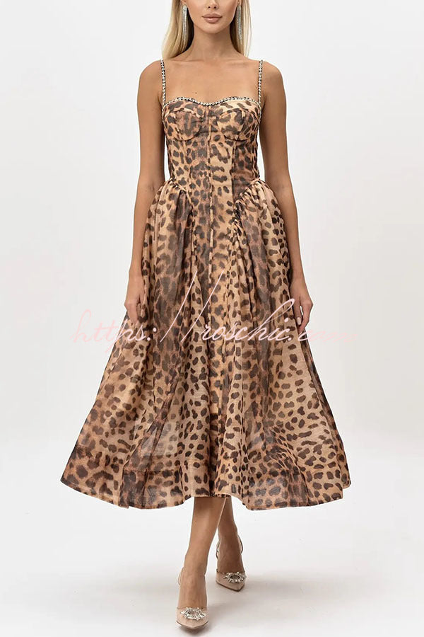 Leopard Print Rhinestone Midi Dress with Smocked Back & Pockets