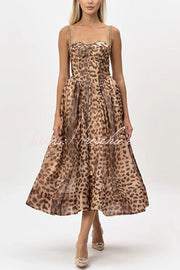 Leopard Print Rhinestone Midi Dress with Smocked Back & Pockets