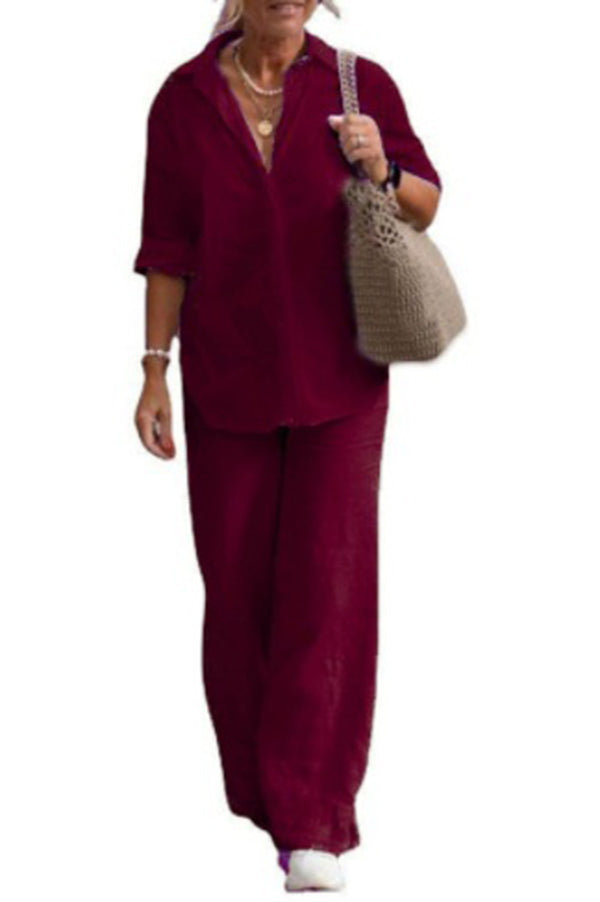 Ensemble chemise à manches longues en tricot et pantalon large – Coupe ample décontractée