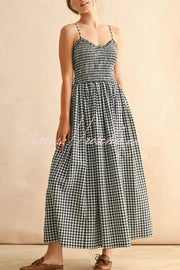 Plaid Print Ruched Maxi Dress with Pockets