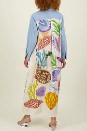 Manteau chemise maxi patchwork imprimé marin avec poches
