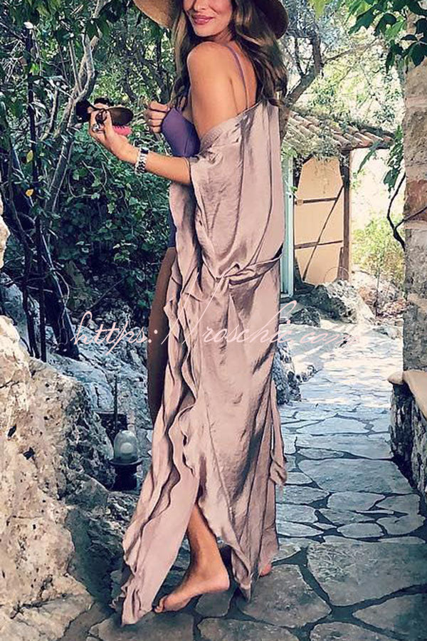 Belted Kimono Maxi Dress with Batwing Sleeves – Vacation Wear