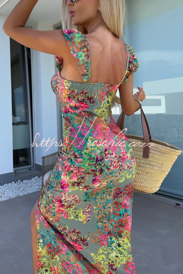 Floral Print Square Neck Sleeveless Slim-fit Midi Dress