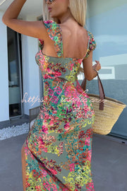 Floral Print Square Neck Sleeveless Slim-fit Midi Dress