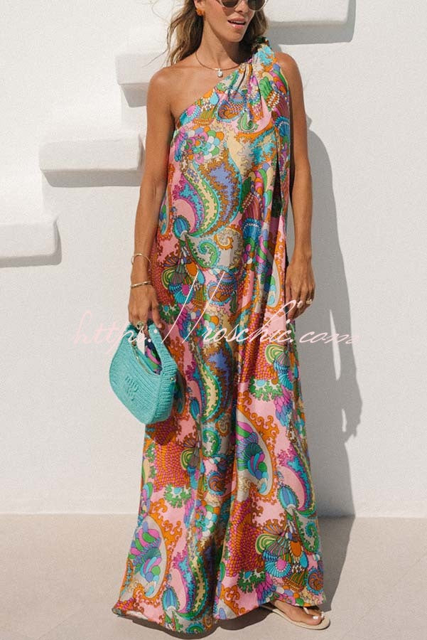 Satin One-Shoulder Maxi Dress – Rainbow Print Loose Fit