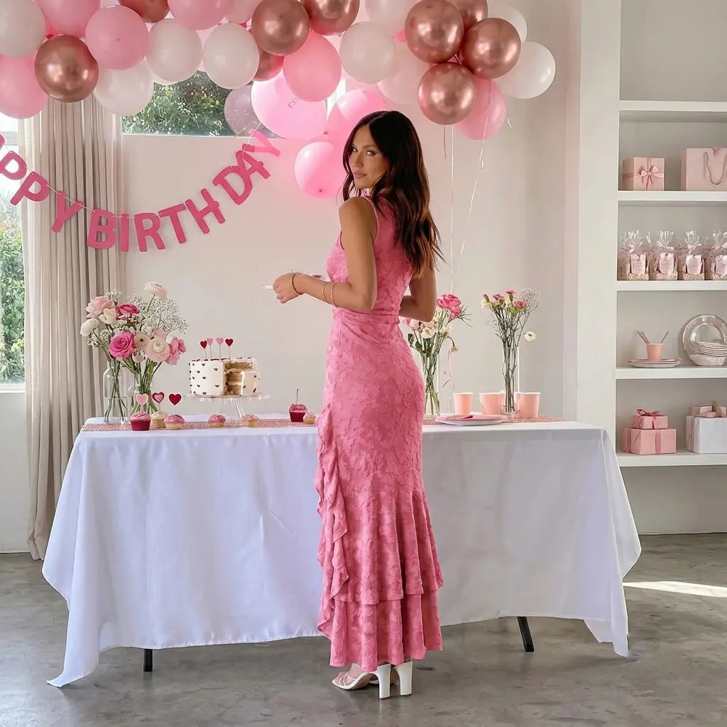 Floral Embroidery Mermaid Maxi Dress – Square Neck Gown
