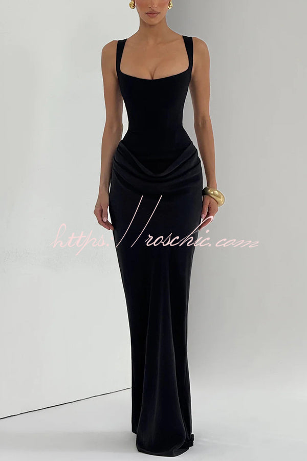 Square Neck Satin Drape Maxi Dress with Lace-Up Back