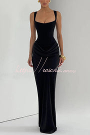 Square Neck Satin Drape Maxi Dress with Lace-Up Back