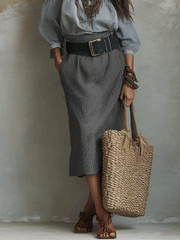 Textured Striped Off-Shoulder Top & Midi Skirt Set