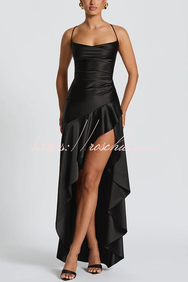 Backless Lace-Up Ruffle Maxi Dress – Spaghetti Strap