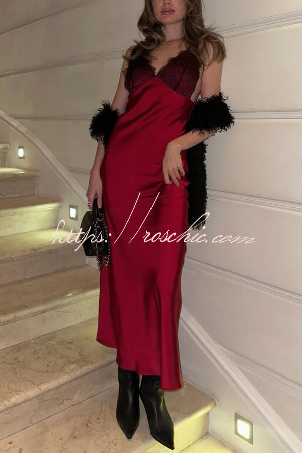 Satin Lace Patchwork Backless Maxi Dress – Slim Fit