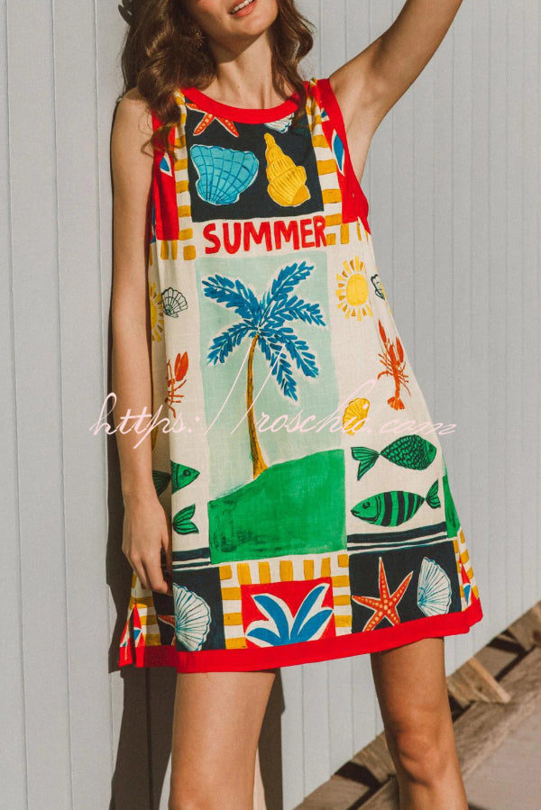 Printed Sleeveless Mini Dress with Pockets – Loose Fit