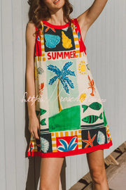 Printed Sleeveless Mini Dress with Pockets – Loose Fit