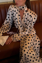 Satin Polka Dot Balloon Sleeve Blouse with Tie-up V-Neck