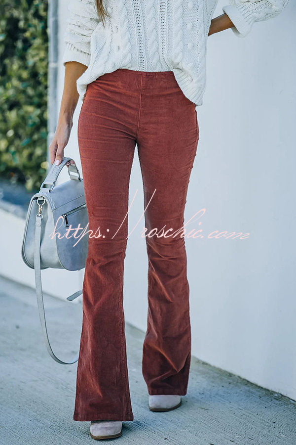 Women's Corduroy Bell Bottom Pants with Elastic Waist
