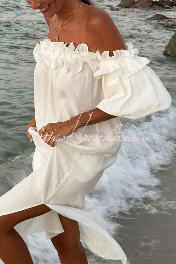 Linen Blend Off Shoulder Midi Dress with Pockets