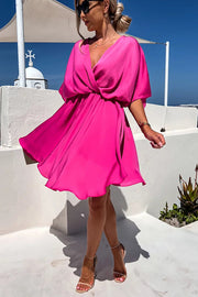 Batwing Sleeve Satin Mini Dress – Loose Fit V-Neck