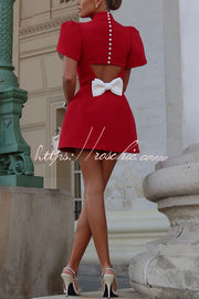 Backless Satin Bow Mini Dress with Slit Sleeves