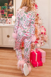 Satin Pajama Set with Feather Trim & Holiday Print