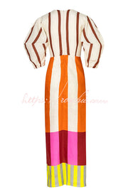 Linen Blend Color Block Puff Sleeve Maxi Dress