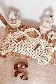 Woven Cotton Tote Bag with Fringe Tassel Detail