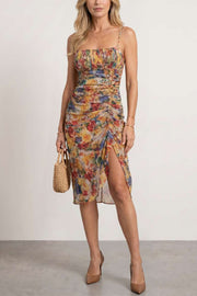 Printed Square Neck Spaghetti Strap Pleated Midi Dress